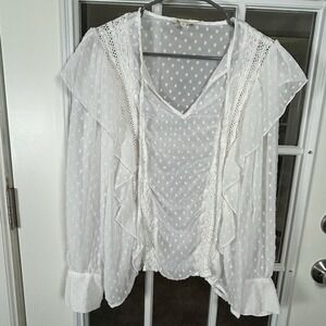 Listicle White Swiss Dot Ruffle Lace Trim Sheer Boho Peasant Blouse Large